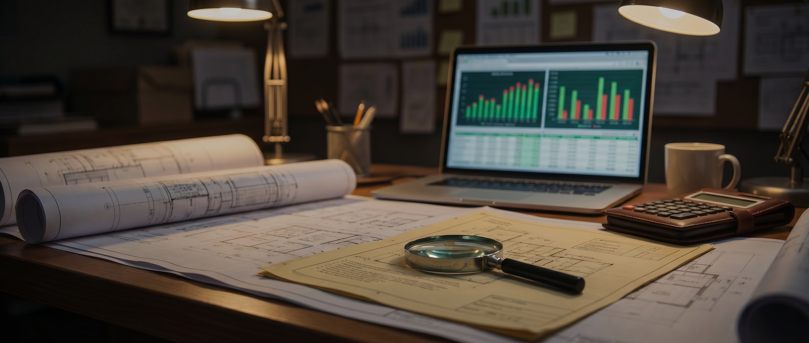Construction blueprints and cost analysis on desk