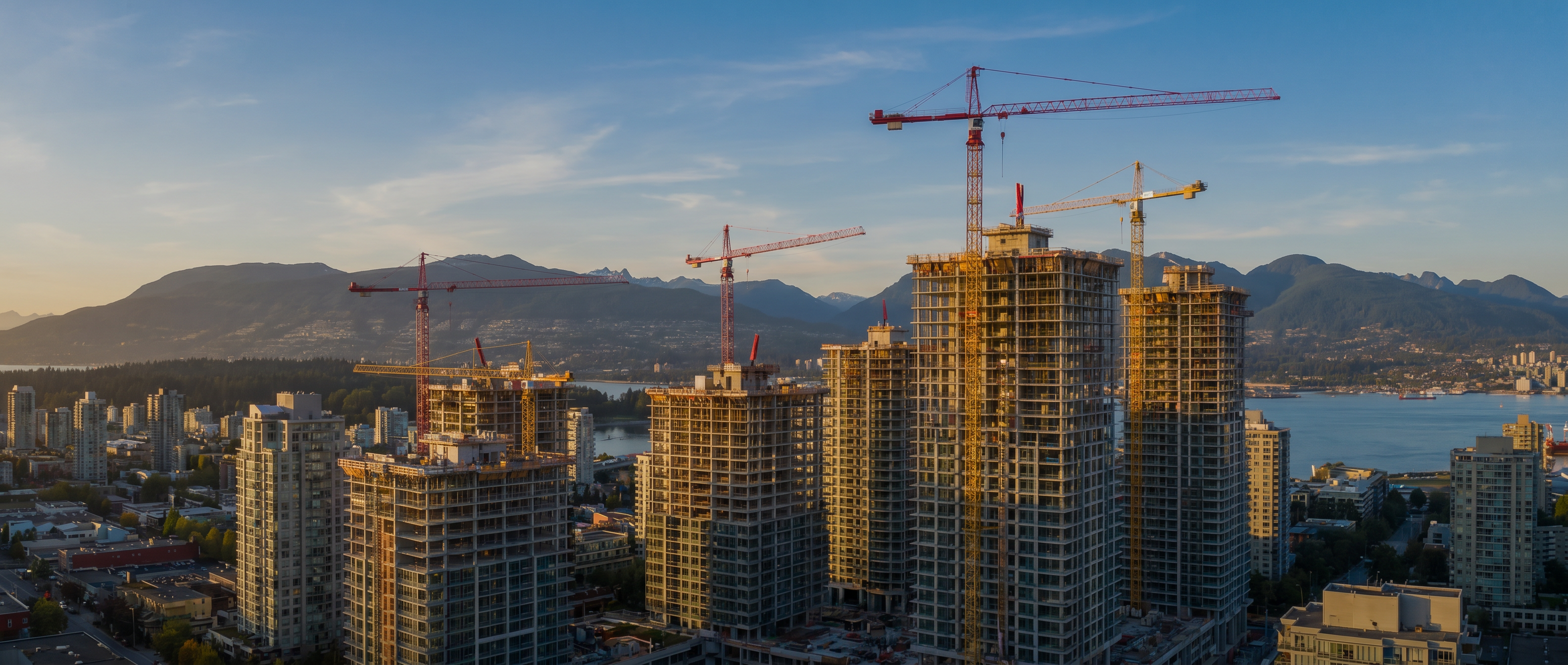 Vancouver construction site with cranes and mountains